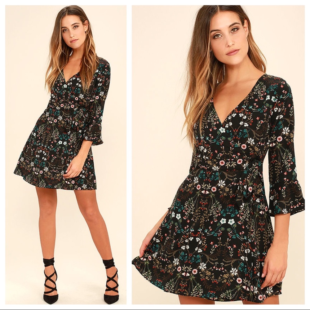 Lulus Lady of Greenhouse Black Floral Wrap Dress